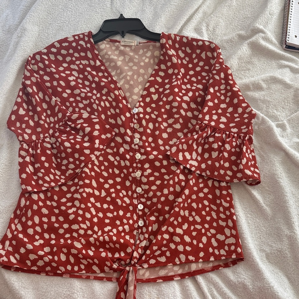 Stylish Red and White Women's Blouse with Button Detail